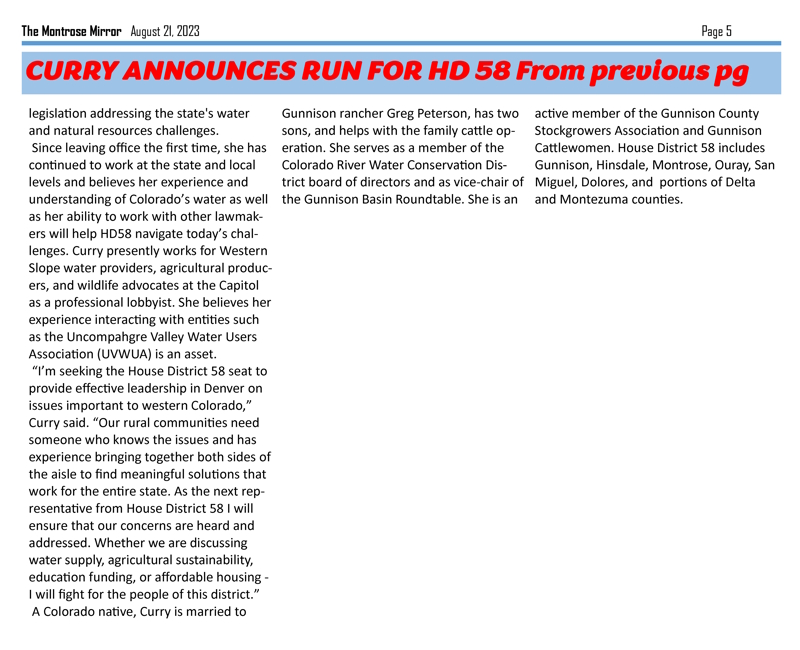 Curry Announces Run for HD58 Montrose Mirror | August 21, 2023