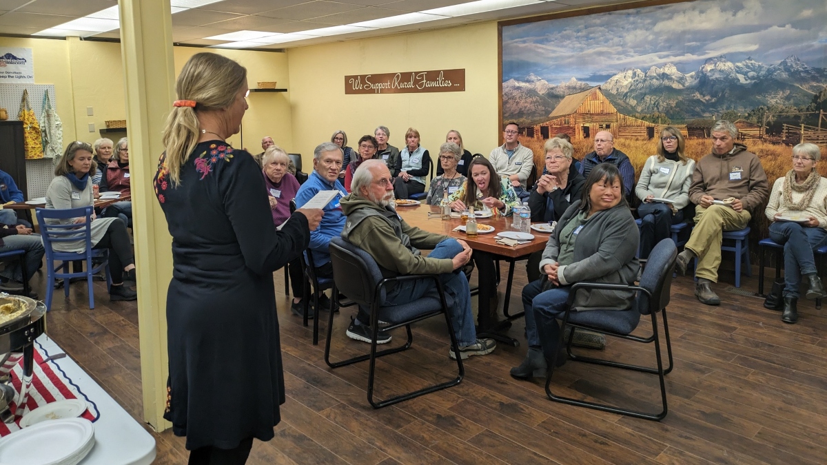 Kathleen speaking to a full house at the Montrose Democrats office. She shared her experience, priorities for the district, and her rural values!