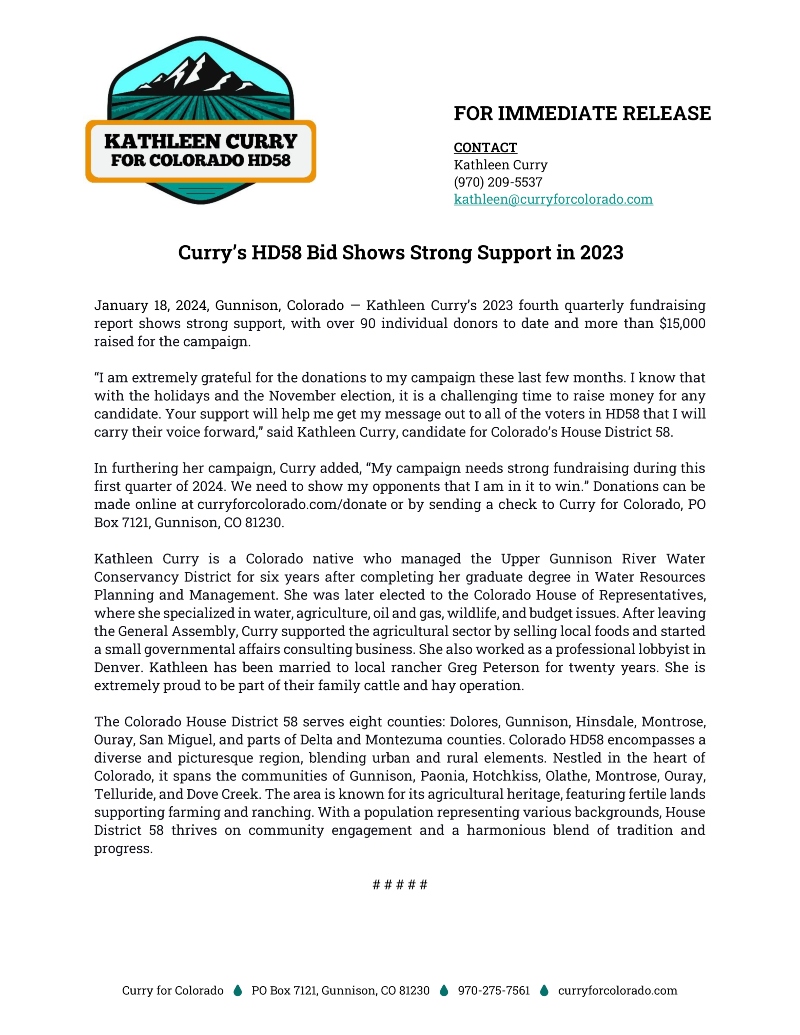 Curry’s HD58 Bid Shows Strong Support in 2023 | Press Release | January 18, 2024