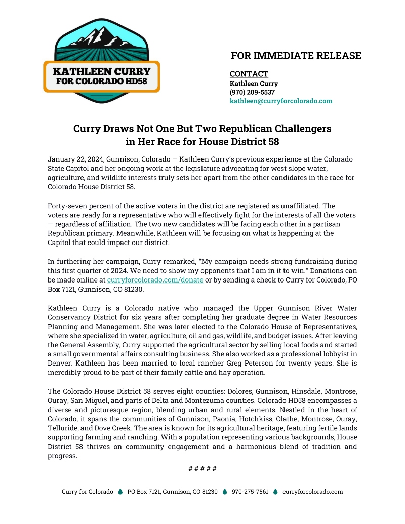 Curry Draws Not One But Two Republican Challengers in Her Race for House District 58 | Press Release | January 22, 2024
