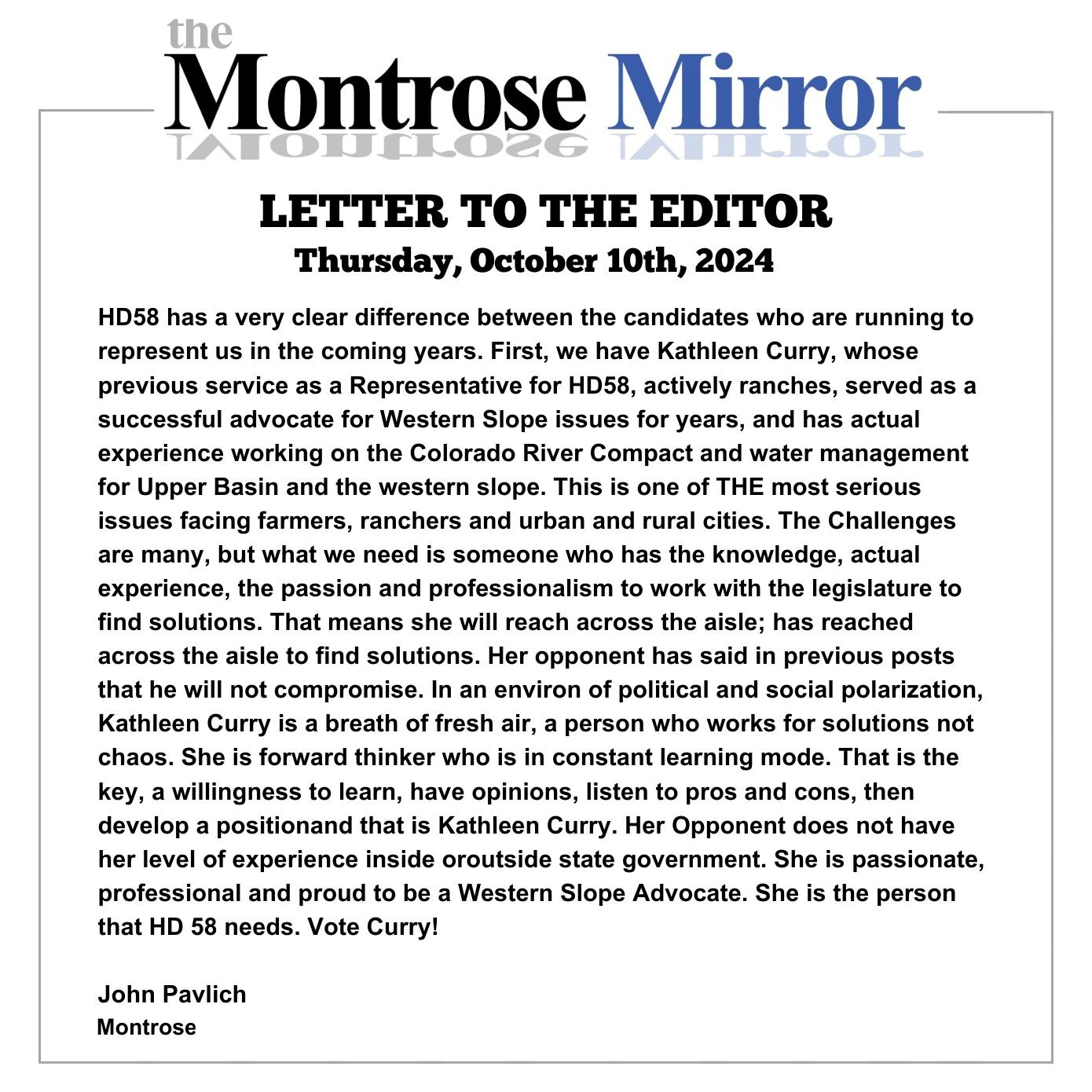 Letter to the Editor | Montrose Mirror | October 10, 2024