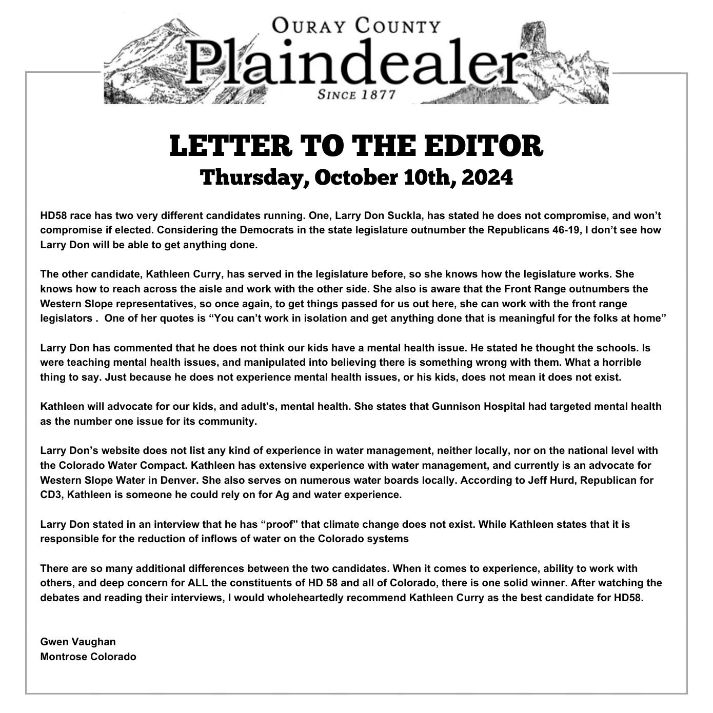 Letter to the Editor | Ouray County Plaindealer | October 10, 2024