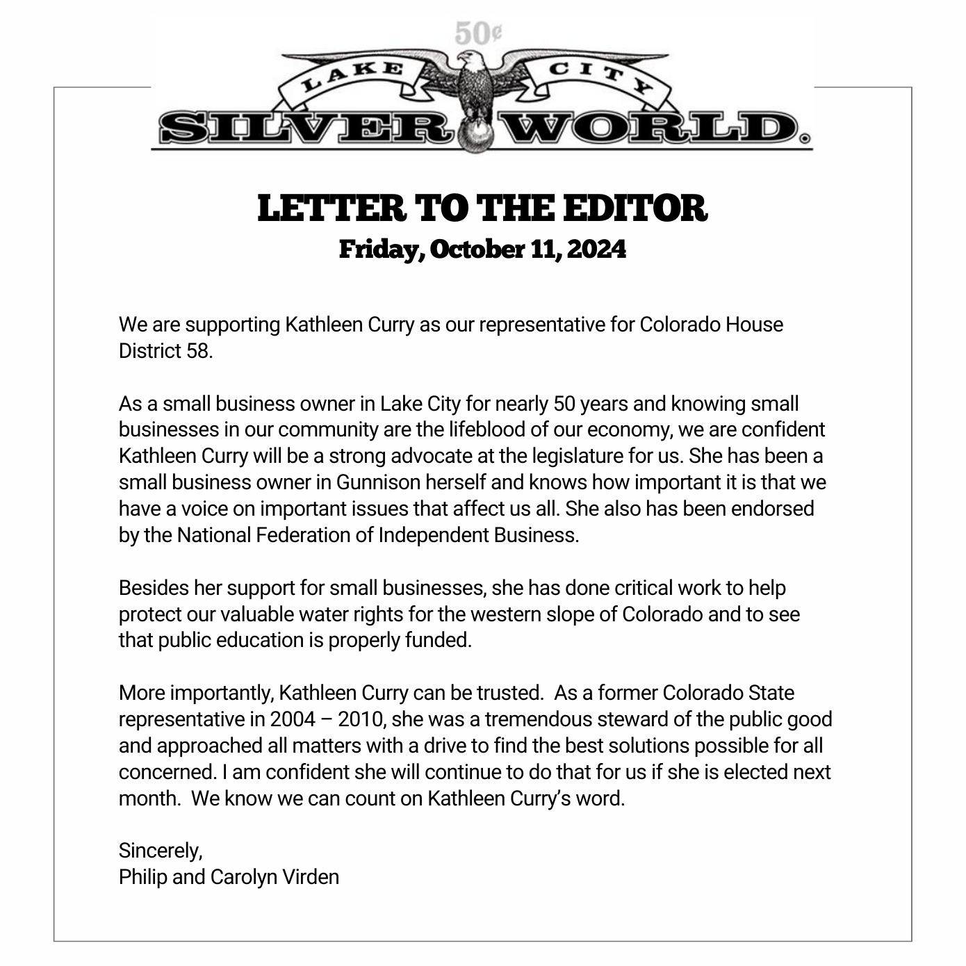 Letter to the Editor | Silver World News, Lake City CO | October 11, 2024