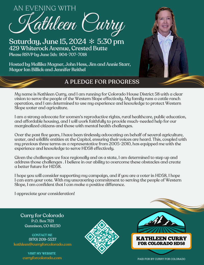 An Evening with Kathleen Curry on June 15th in Crested Butte