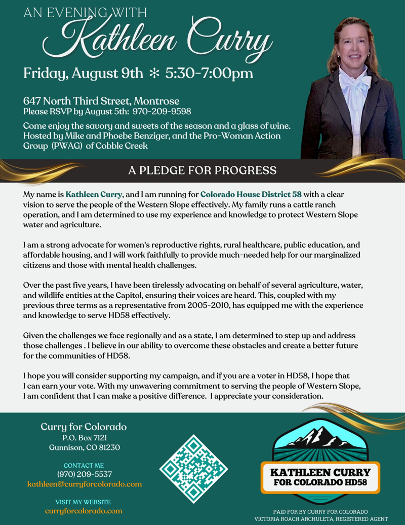 An evening with Kathleen Curry on August 9th in Montrose