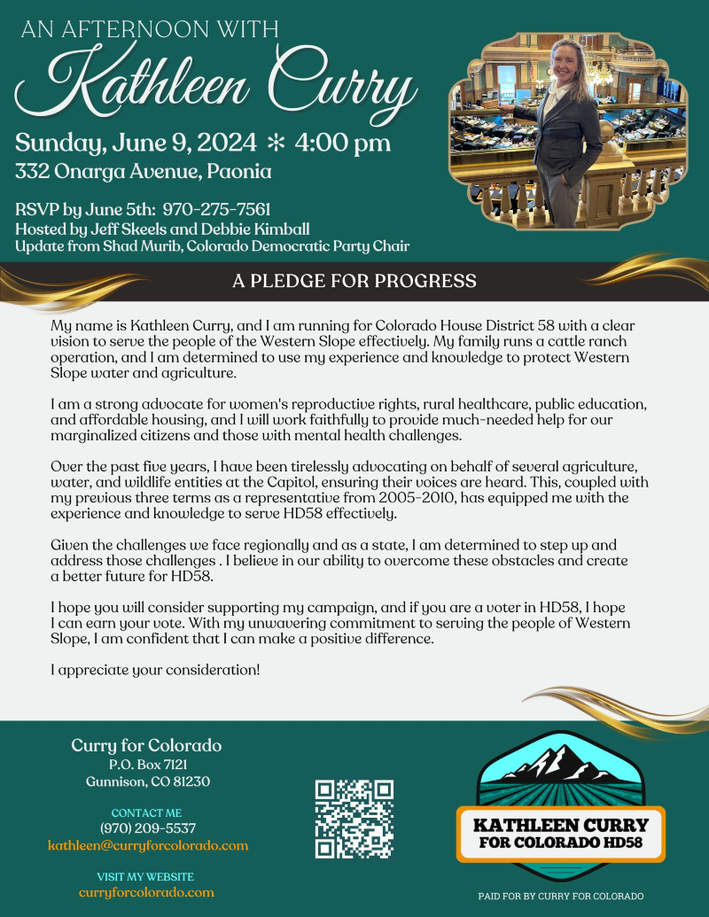 An Afternoon with Kathleen Curry on June 9th in Paonia