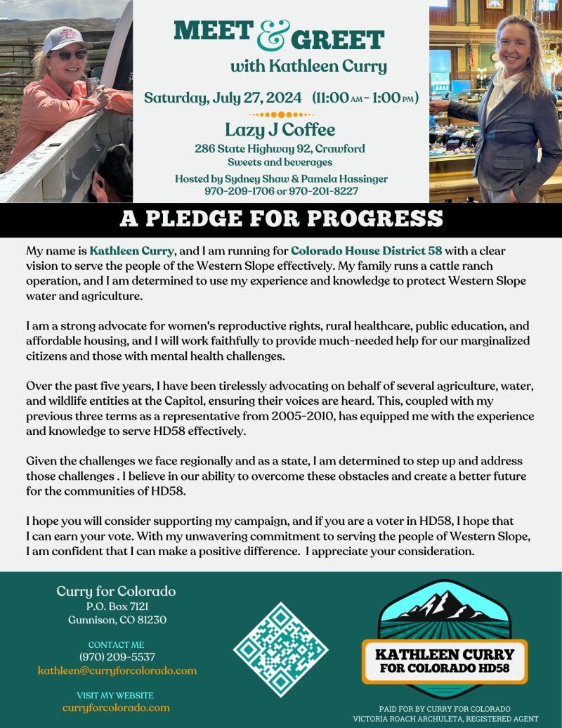 Join us in Crawford on July 27th at Lazy J Coffee from 11:00 AM to 1:00 PM